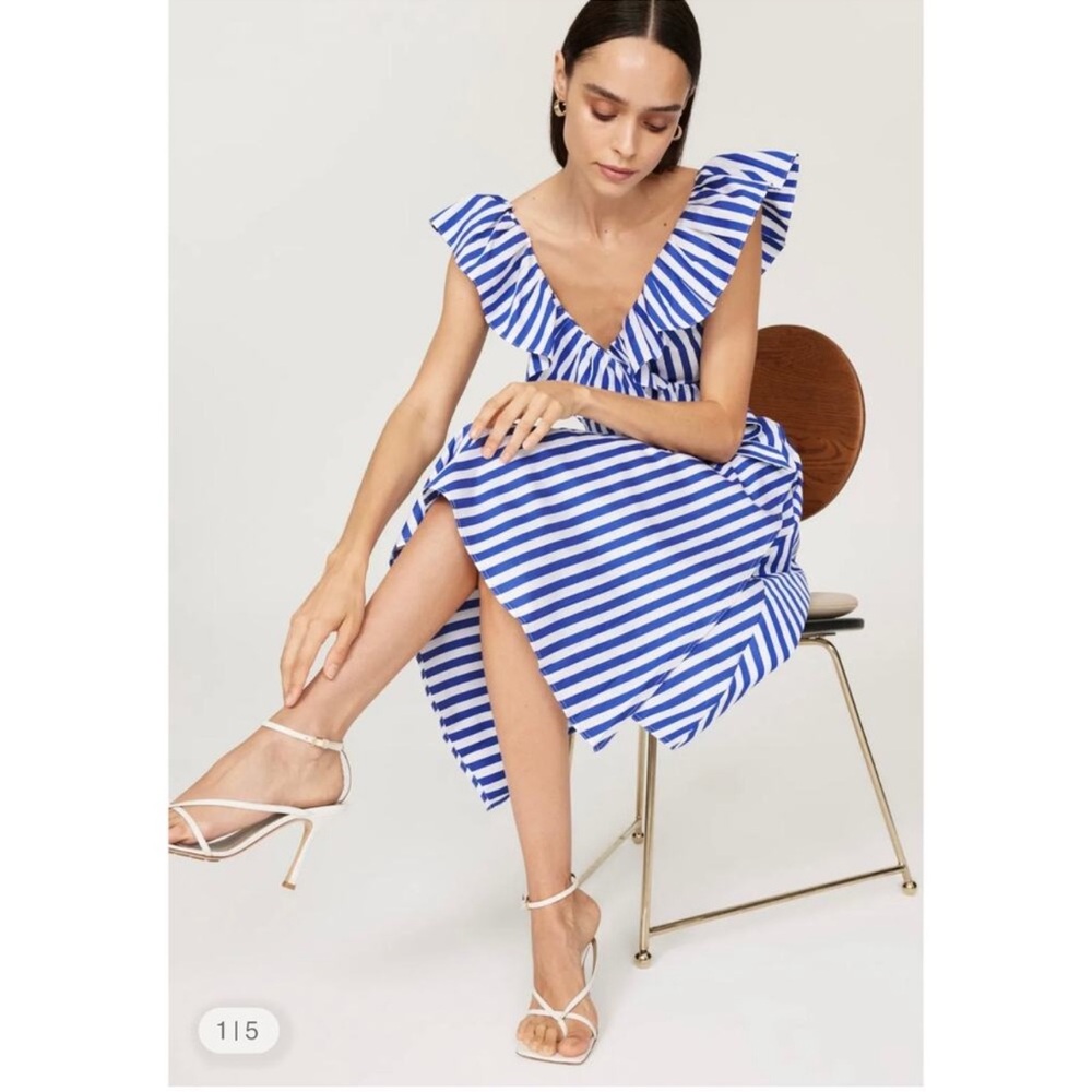 Polo Ralph Lauren Blue White Stripe Wrap Dress Ruffle Midi Cotton Size 4